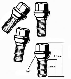 Wielbouten galvaniseerd, M14 X 1.5 key 17 thread 32, ball